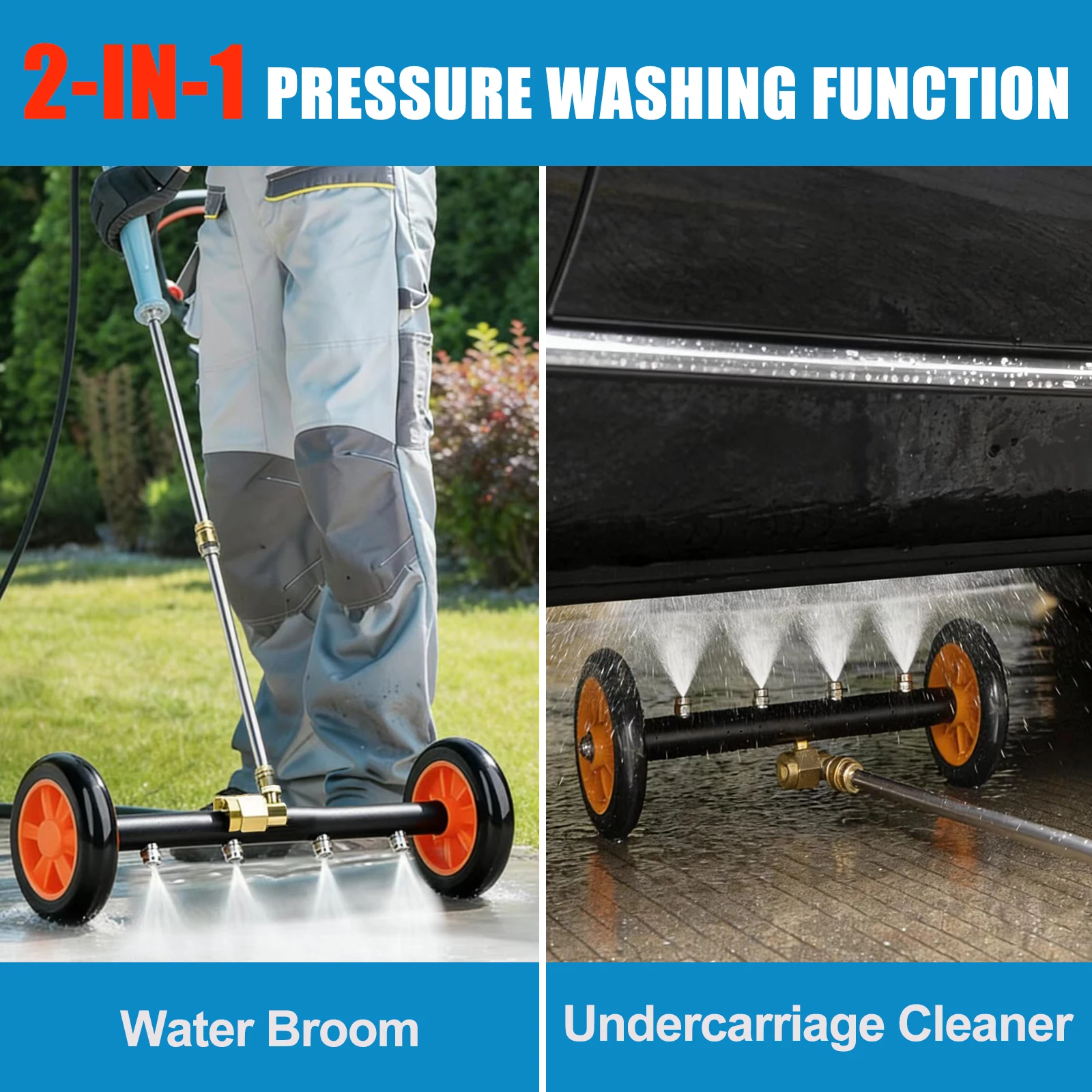 베어 포스 2-in-1 언더캐리지 압력 세척기 어태치먼트, 38cm/15인치 압력 세척기 워터 브룸, 3개 연장 봉, 세척 미트
