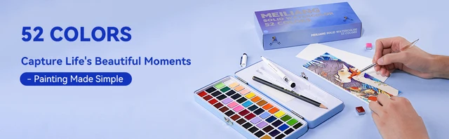 MeiLiang Watercolor Paint Set 52 Colors with Drawing Pencil, Paint Brushes,  5 Watercolor Paper, Sponge, Black Drawing Pens, Art Supplies for Adults