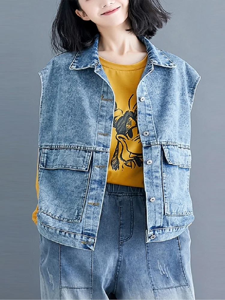 

Denim Vest Safari Style Autumn Solid Casual Turn-down Collar Sleeveless Jean Fashion Coat Streetwear Female Pocket Outwear