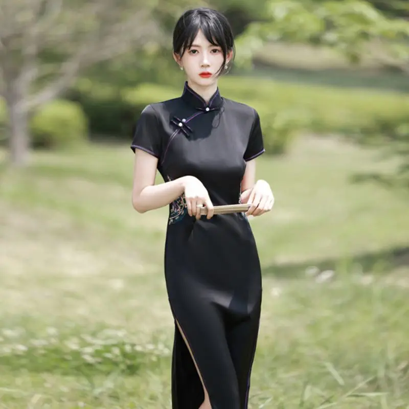 Women Black Cheongsam Short Sleeve Female Chinese Traditiional Long Dress Vintage Qipao S To XXL