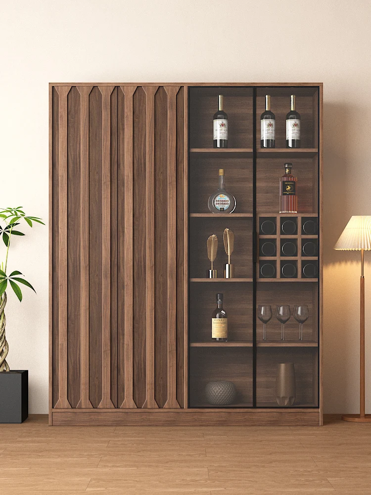 Wine Cabinet Walnut Glass Display Storage Locker Light Luxury Figure Cabinet Living Room Solid Wood Side