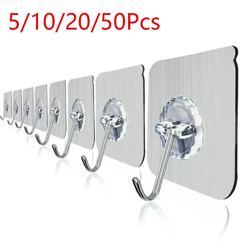 

50/20/10/5 Pcs Door Hook Adhesive Wall Hooks Transparent Anti-skid Traceless Heavy Duty Stick On Hook Bathroom Kitchen Wall