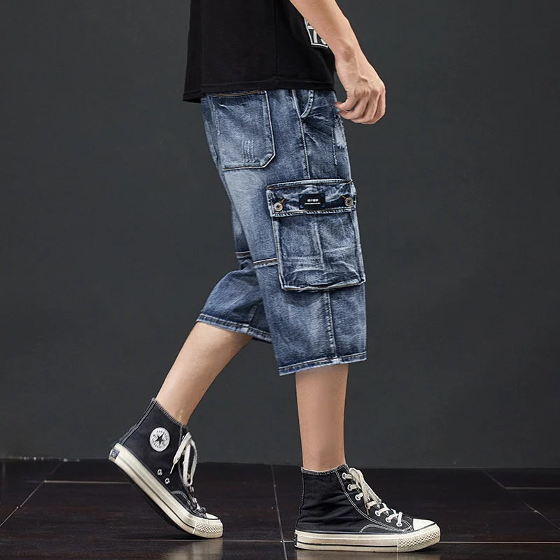 Pantalones vaqueros cortos con bolsillos laterales para hombre, calzas  desgastadas de estilo Cargo, para verano, 3/4 - AliExpress Ropa de hombre