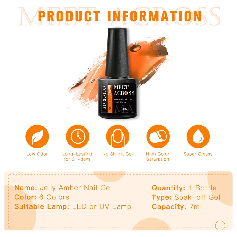 MEET ACROSS 7ml Vintage Amber Gel Polish Translucent Jelly Nail Gel Soak Off Uv Led Semi Permanent Manicure Nail Polish 6