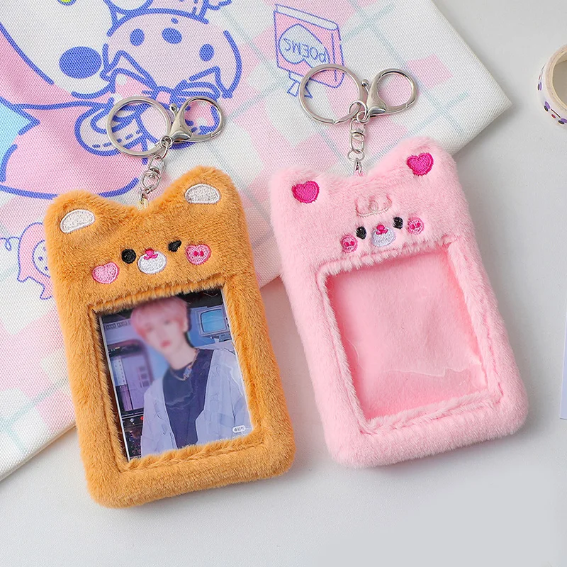 Cartoon Plush Photocard Holder Idol Photo Sleeve Case ID Card Cover Keychain Pendant Decor