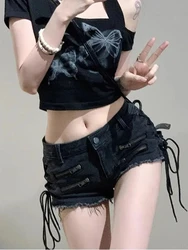 Women's Zipper Strap Design Tight Fitting Shorts American Street Young Girl Low Rise Ruffled Hot Pants Summer Female Mini Jeans