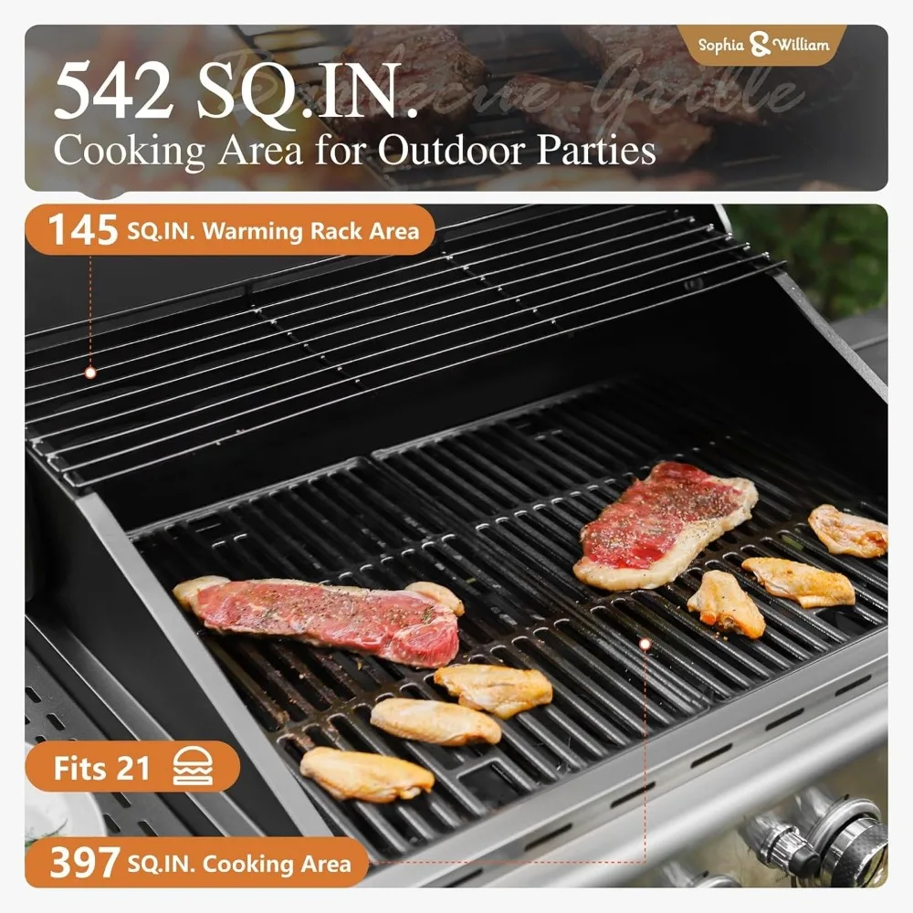 Burner Gas BBQ Grill with Side Burner and Porcelain-Enameled Cast Iron Grates, Propane Grills Outdoor Cooking Barbecue 2