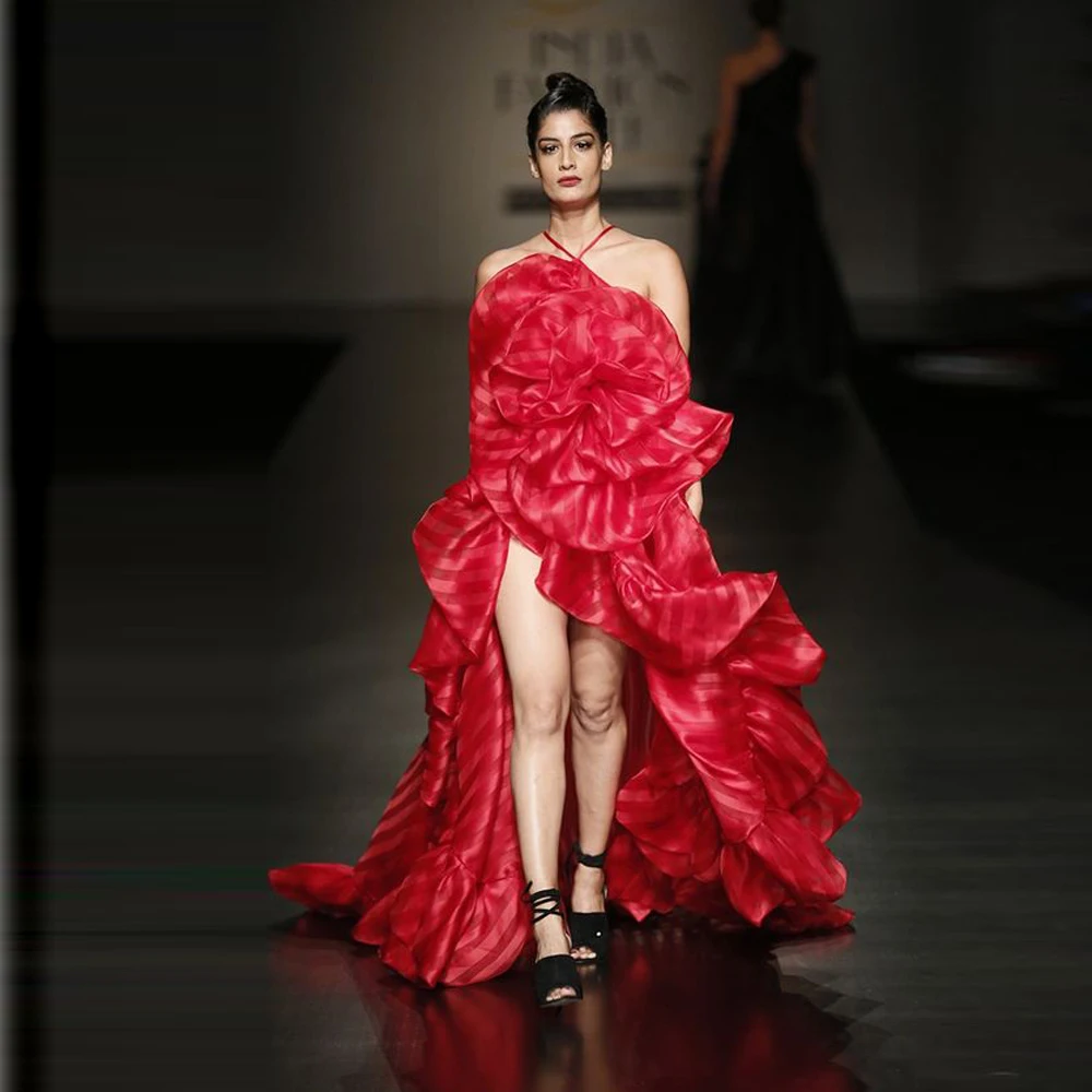 

Уникальные красные цветочные Асимметричные Длинные платья для выпускного вечера с лямкой на шее, 3D Цветочные Официальные Женские Платья-макси с искусственными складками