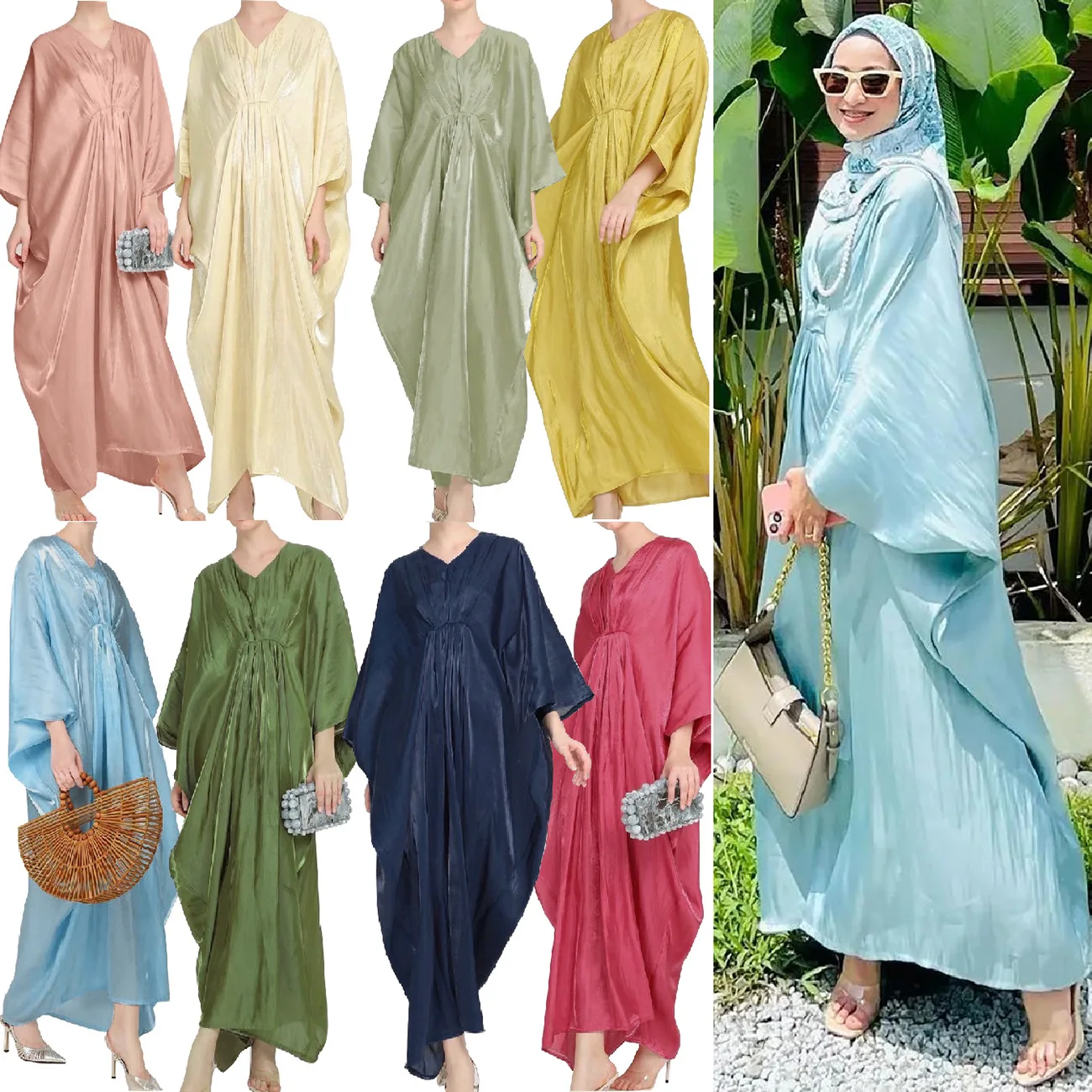 

Indonesian Malay Muslim Abaya Dresses Women Loose Bat-sleeved Dress Evening Party Dress Elegant Solid Color Dresses for Women