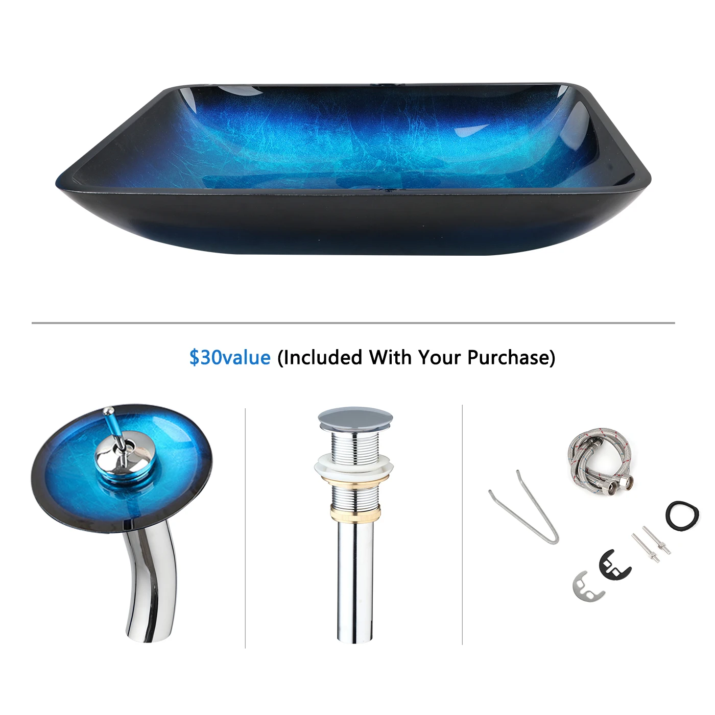 KEMAIDI Big Tempered Glass Basin Sink Washbasin Bathroom Vessel Sinks Counter Top Bowl Washroom Vessel Vanity Sink Faucet Set 5