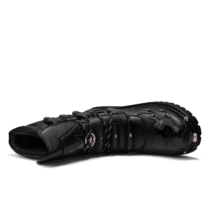 Black Leather Men's Platform Ankle Boots Square Toe Lace Up Shoes_voghion.com