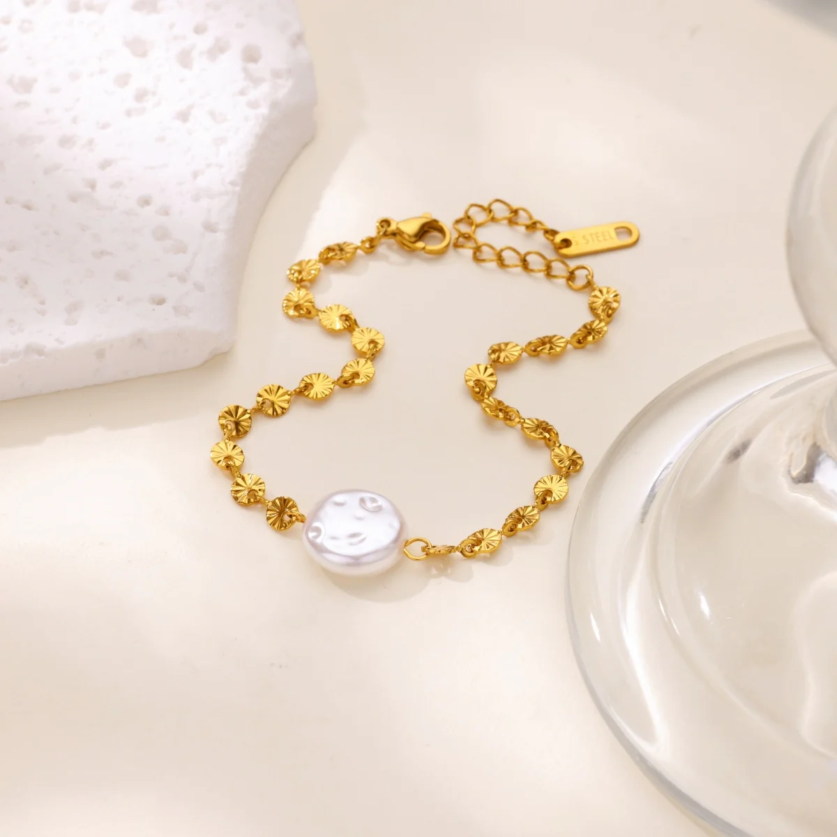 Stainless Steel Geometric Heart Cross Pearl Link Bracelets For Women Gold