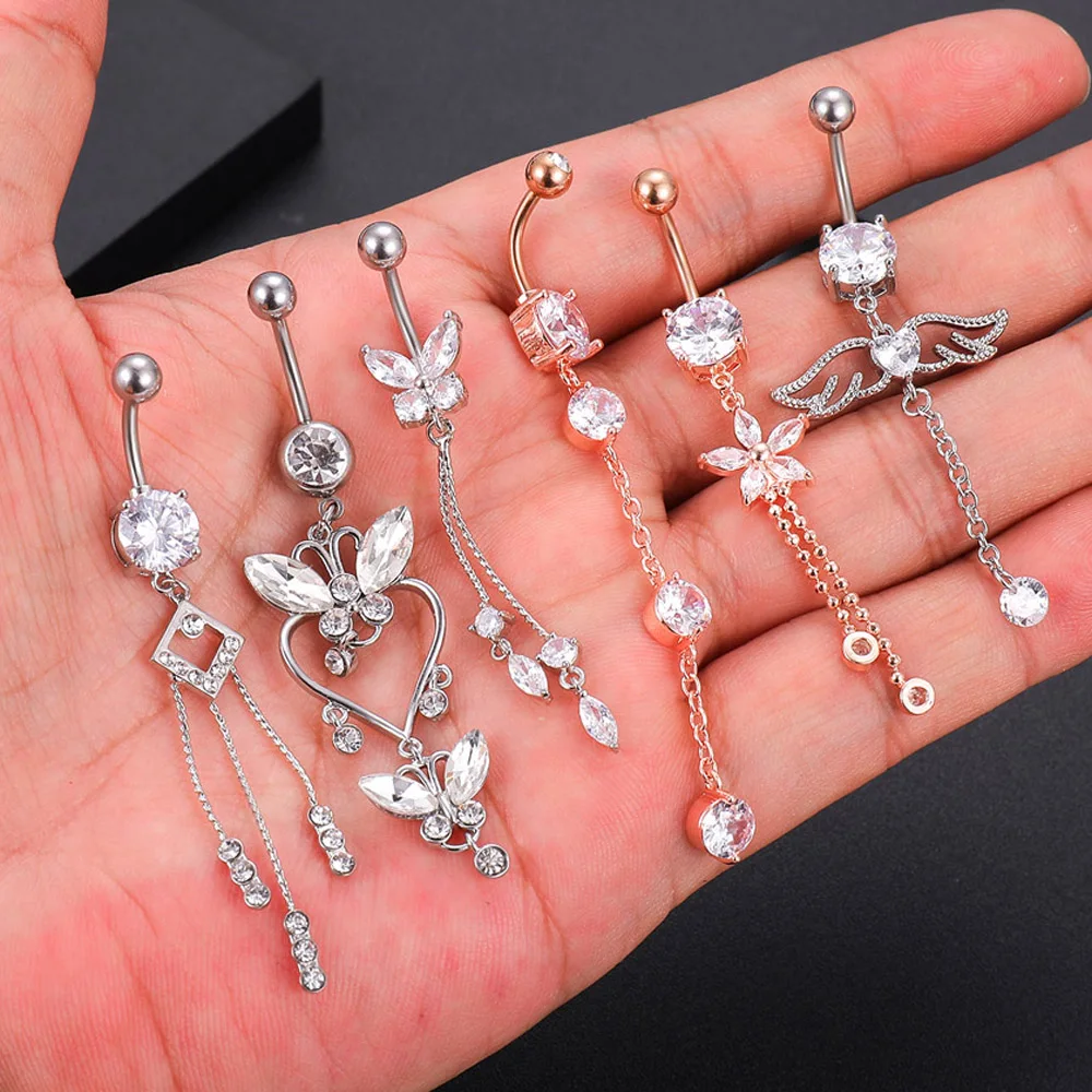 Angel Belly Button Rings Trendy Stainless Steel Zircon Butterfly Navel Piercing Surgical for Women Body Belly Jewelry Pendant