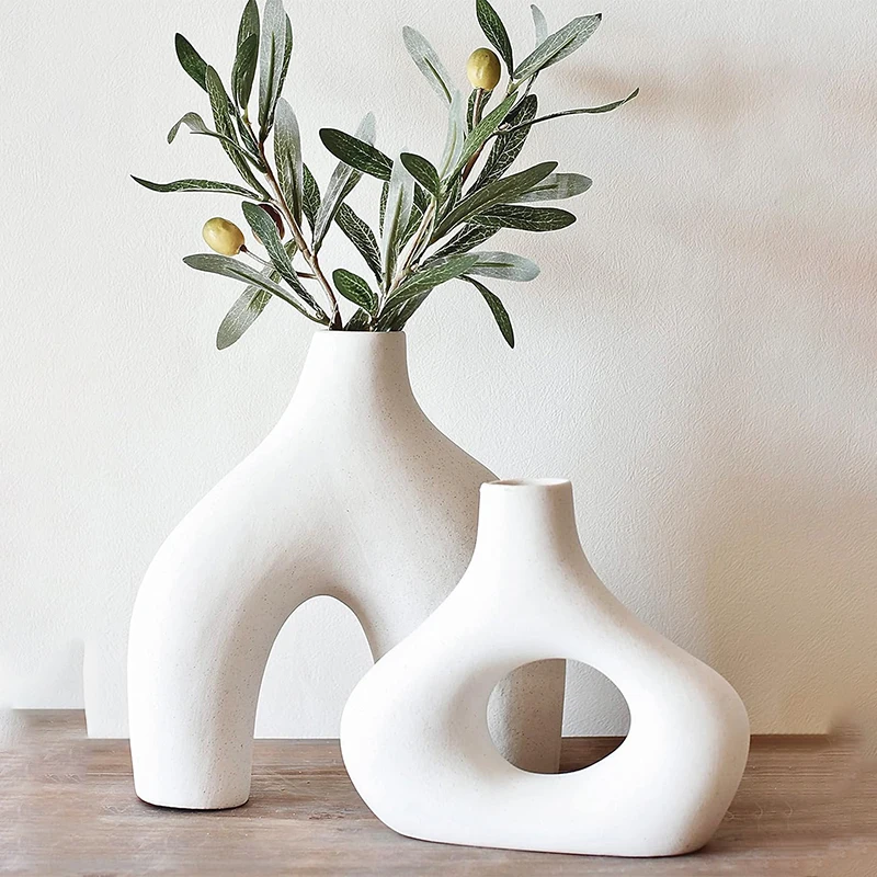 

2pcs White Ceramic Vases Round Matte Donut Design Flower Pot for Pampas Grass and Flowers for Minimalist Boho Home Decor