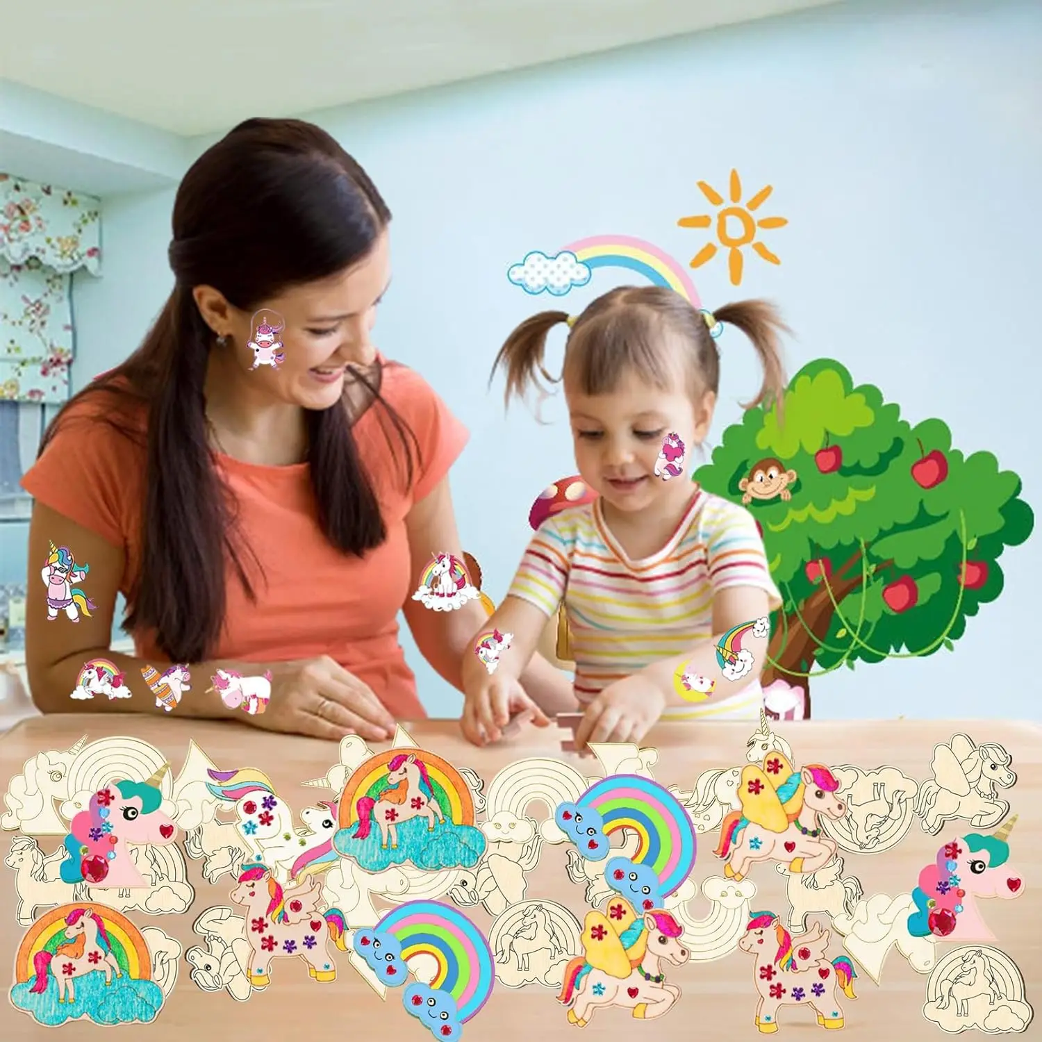 Craft Toys 386Pcs Unicorn Wood Craft Set 18Pcs Unicorn Wood 354 Rhinestones 12 Colored Pencils 2 Stickers Boys/Girls DIY Crafts
