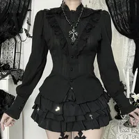 Goth Dark Single Breasted Lace Trim Blouses Shirt Women Halloween Gothic Outfits Textured Long Sleeve Shirts Tops Slim Cosplay
