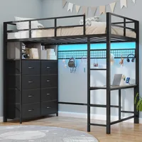 Twin Loft Bed with Desk & 8 Storage Drawers Tall Dresser, Black Metal Loft Bed with LED Lights & Charging Station, 2-Tier