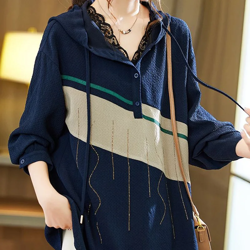 2023 Spring Autumn New V-neck Hooded Long Sleeve Sweatshirts Women Fashion Printing Button Drawstring All-match Pullovers