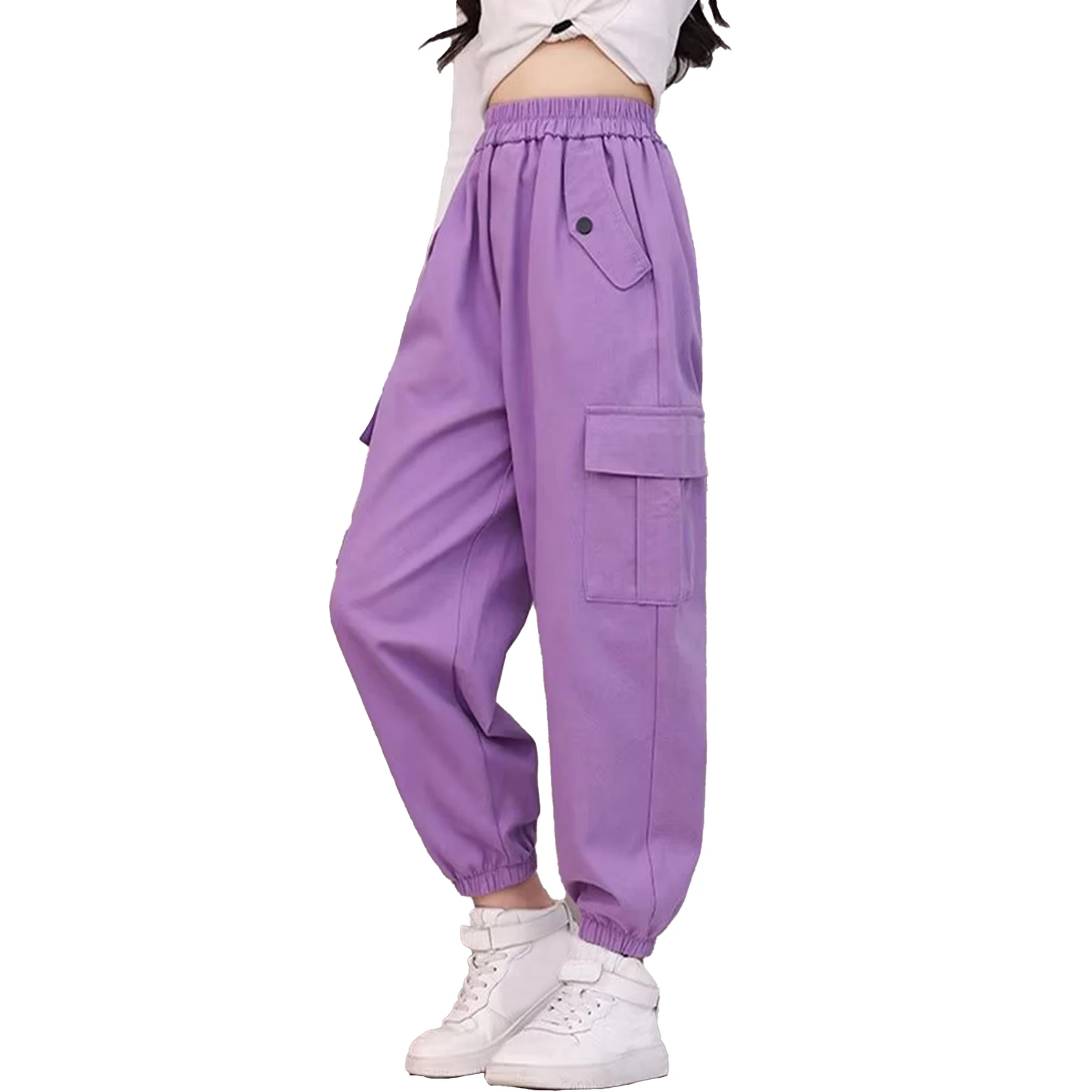 

ZDHoor Kids Girls 5 to 16 Years High Waist Cargo Pants Casual Solid Color Elastic Waistband Loose Trousers with Pockets