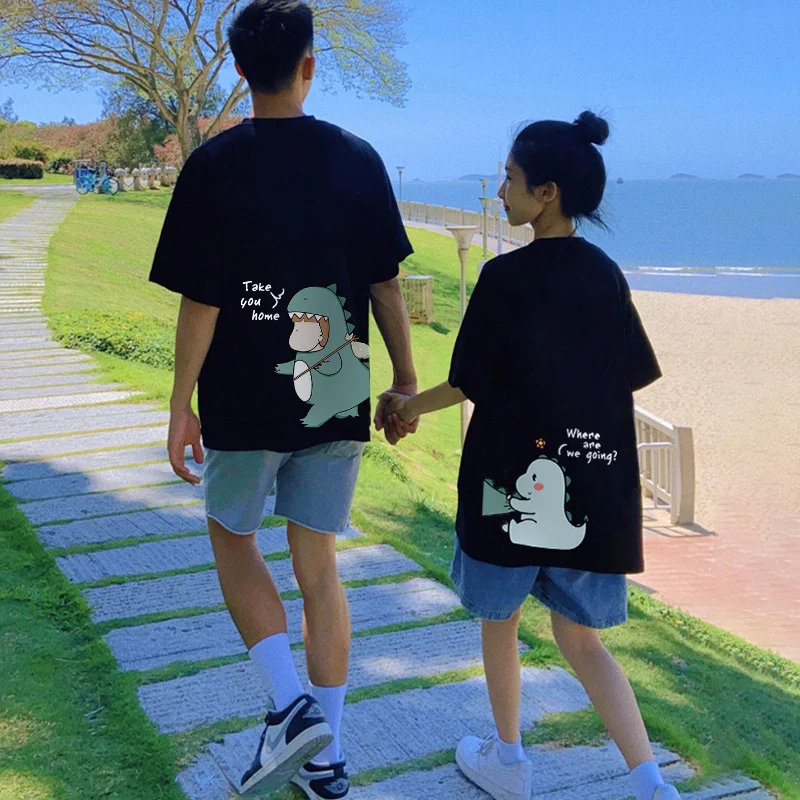 

Cute Little Dinosaur Couple Cotton T-shirt Girl Say Where Are We Going Boy Say Take You Home Lovely Couple Tee Tops