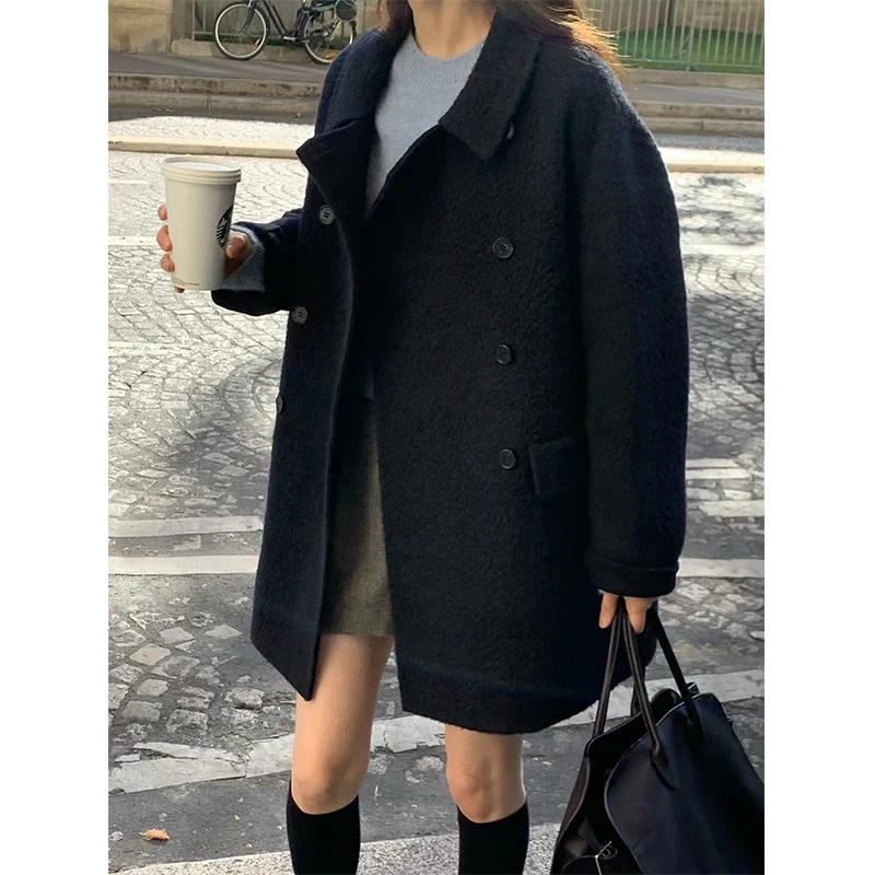  Korean Drama Lead Role Feel Double Breasted Woolen Coat Women's Long Sve Turn-down Collar Mid-length Commute Sle