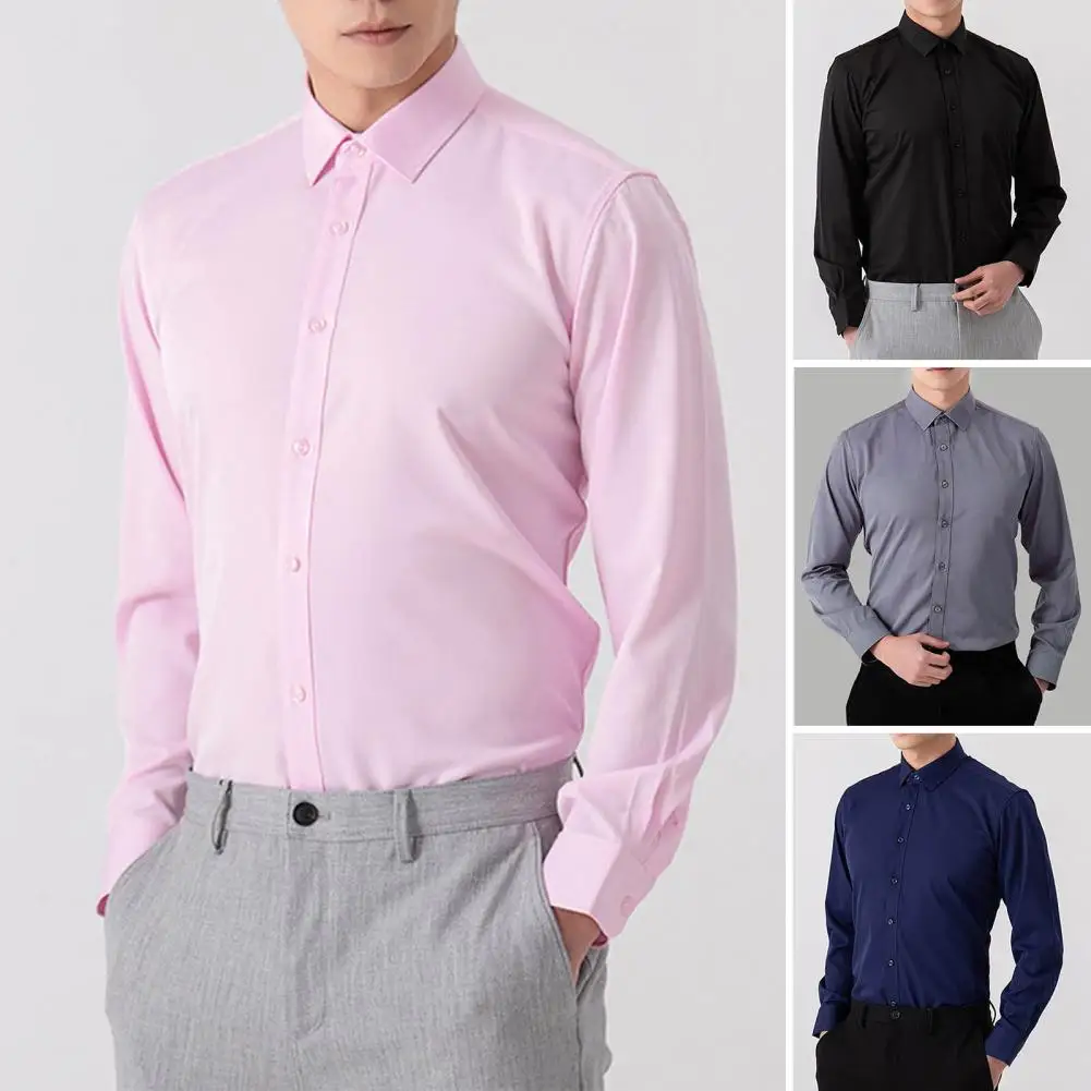 

Casual Formal Men's Shirt Lapel Long Sleeve Single-breasted Elastic Men Shirt Slim Fit Solid Color Business Dress Shirt Tops