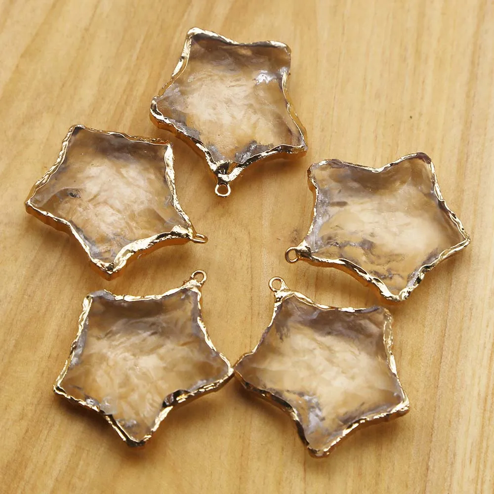 Natural Raw Ore White Crystal Five Pointed Star Gold Eedged Necklace Pendant Earrings Bracelet Jewelry Accessories Wholesale 8Pc