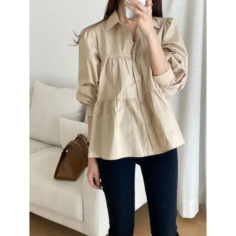 Flip Collar Single Breasted Pleated Patchwork Design Loose Bubble Sleeve Shirt Top for Women 267