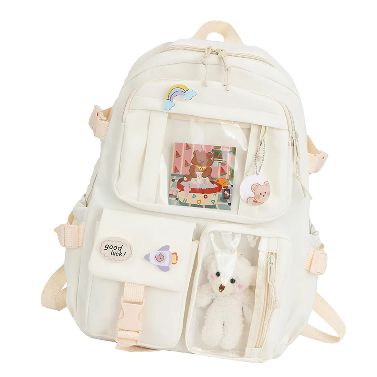 Kawaii Backpack with Cute Pin Accessories Plush Pendant Lovely Rucksack  Cute Aesthetic Backpack 