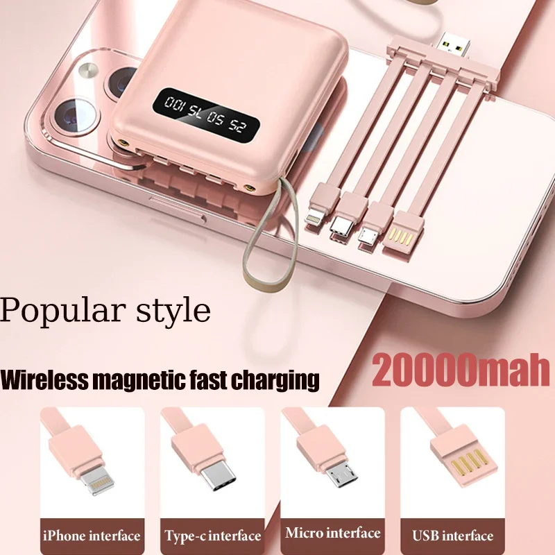 Stile Popolare 20000Mah Power Bank Cavo Dati Integrato Batteria Ricaricabile Di Grande Capacità Per Iphone Xiaomi