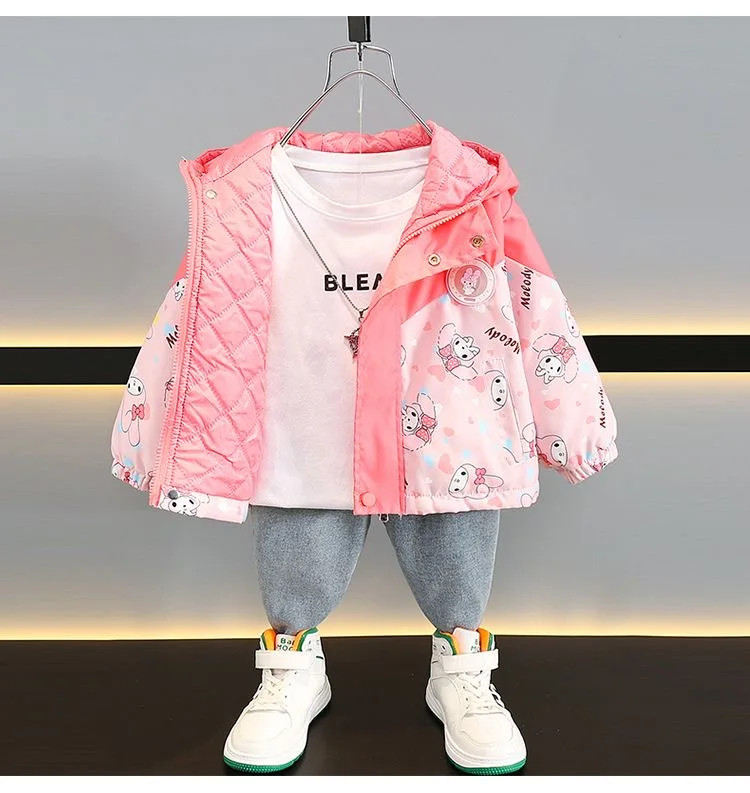 New Fashion Autumn Girl Cute Printed Jacket Toddler with Hooded Winter Warm Windproof Pink Coat Casual Clothing 3 to 8 year