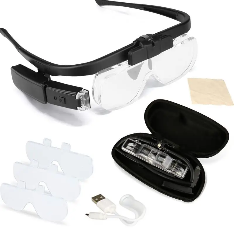 

Head Mount Magnifier Glasses With 3 Detachable Lenses and LED Professional Light USB Rechargeable Hands Free Magnifying Glass