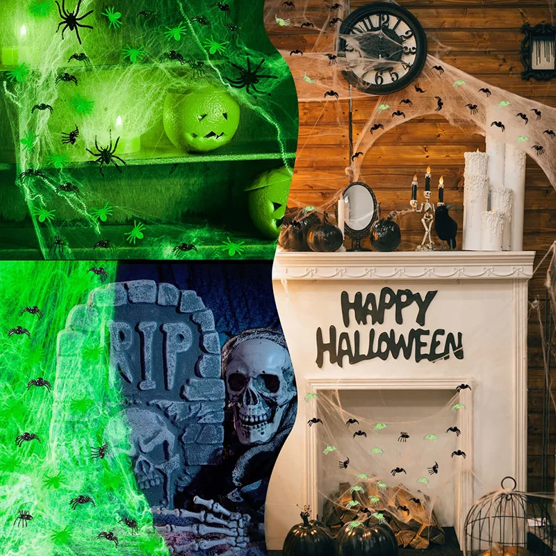 2026 Halloween-Dekoration, leuchtende Spinnennetze mit leuchtendem Spinnennetz und Spinnen für Spukhaus, Horror-Raumdekoration-Requisiten – Detail 16