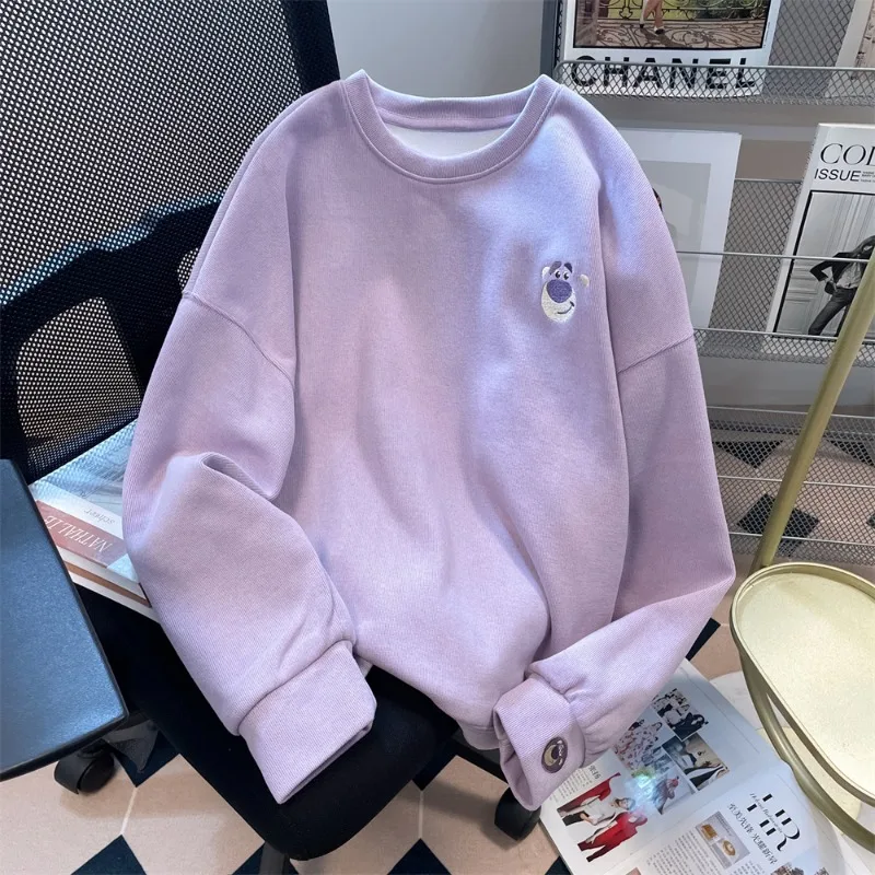 

2023 Autumn Winter Women's Kawaii Long Sleeve Bear Embroidery Sweatshirts Purple Korean Sweet Style Top Female Fashion Loose Top
