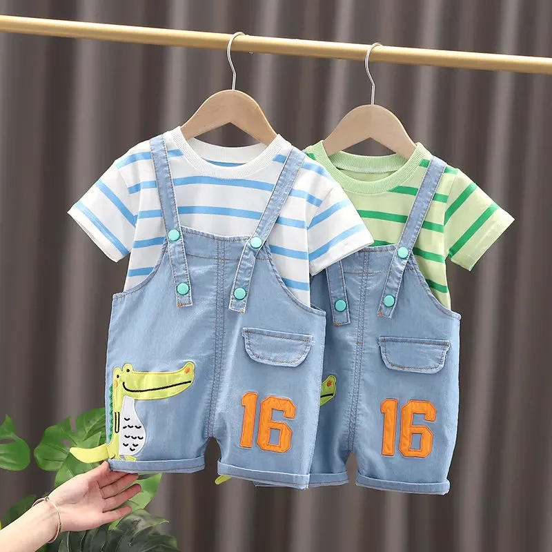 

New Summer Infant Clothes Baby Girls Boys Cotton T Shirt Cartoon Dinosaur Denim Bib Pants 2Psc/Set Children Kids Suits