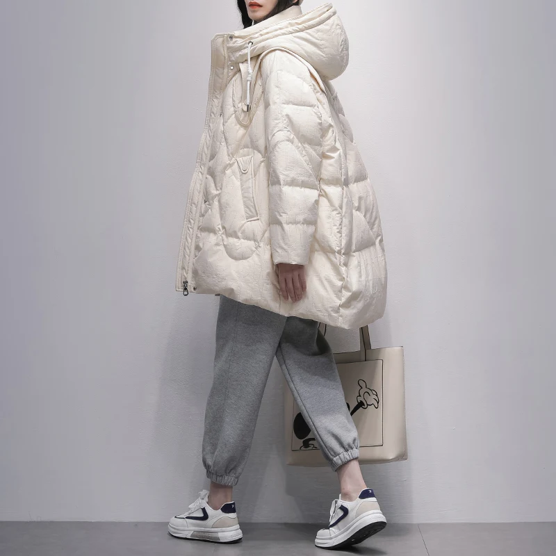 

2023 New Style Winter Solid Color Hooded Puffer Jacket Women Thick Warm Loose Casual Waterproof White Duck Down Coat X99