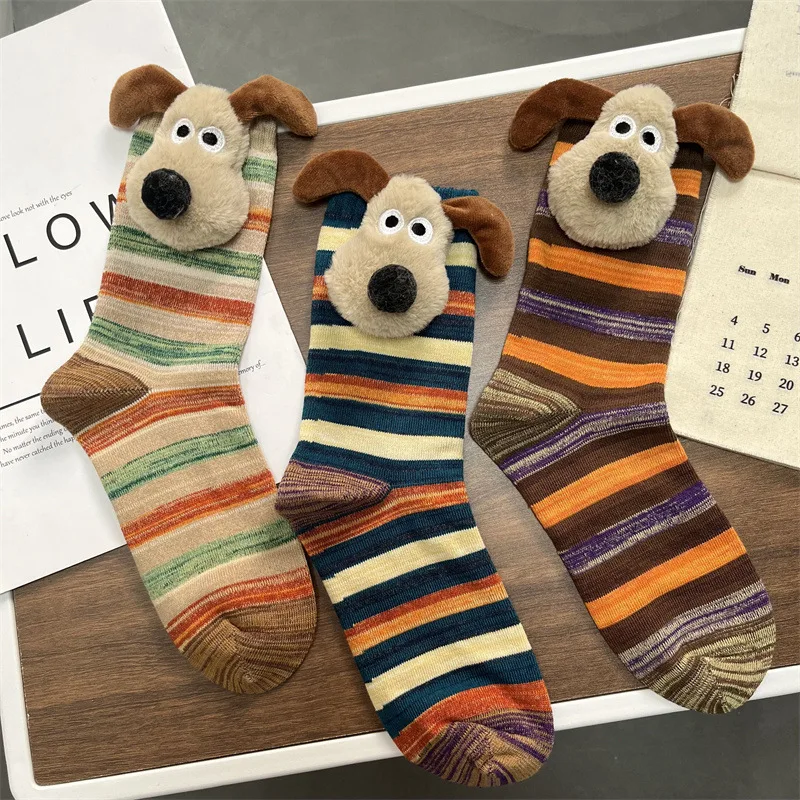 

Autumn and Winter Fashion Ladies Socks Trend Sweet Cute Puppy Three-Dimensional Ears Striped Dolls Cotton Stacked Mid-Calf Socks