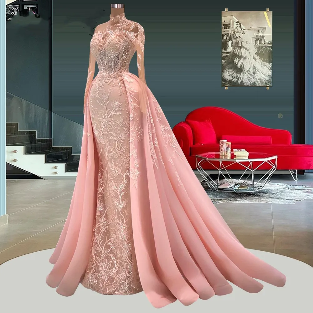 Blush Pink Lace Mermaid Evening Gown Dress with Off-the-shoulder –  loveangeldress