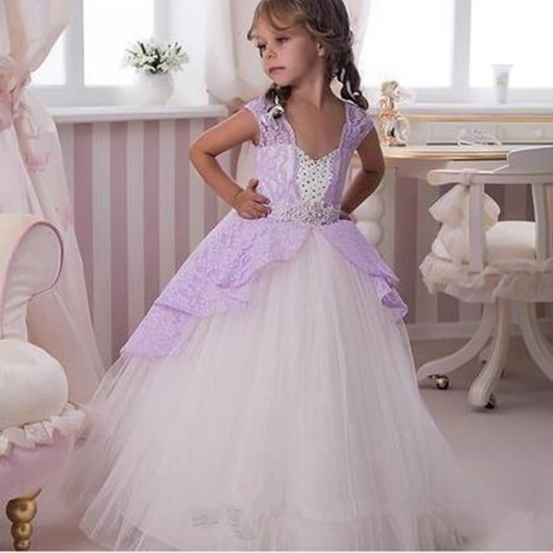 

Simple Flower Girl Dress Long Sleeve Bow Decoration Party Kids Birthday Princess First Communion Gowns