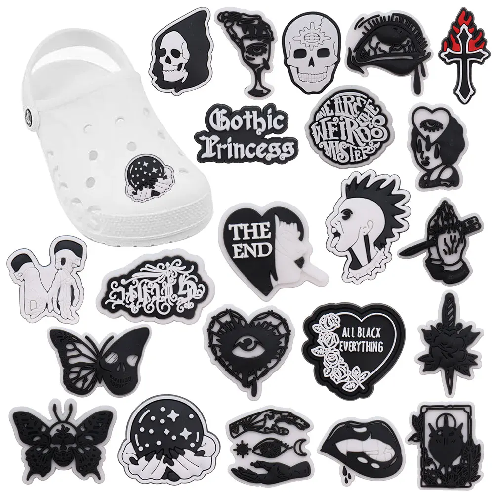 

Новое поступление, 1-22 шт., подвески для обуви из ПВХ, черная бабочка, скелет, крест, губы, аксессуары, пряжки для обуви, подходит для Croc Jibz, подарок на Рождество для детей