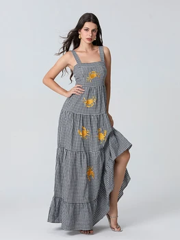 Women s Boho Floral Print Spaghetti Strap Maxi Dress V-Neck Sleeveless Summer Beach Dress with Tiered Skirt and Embroidery 2