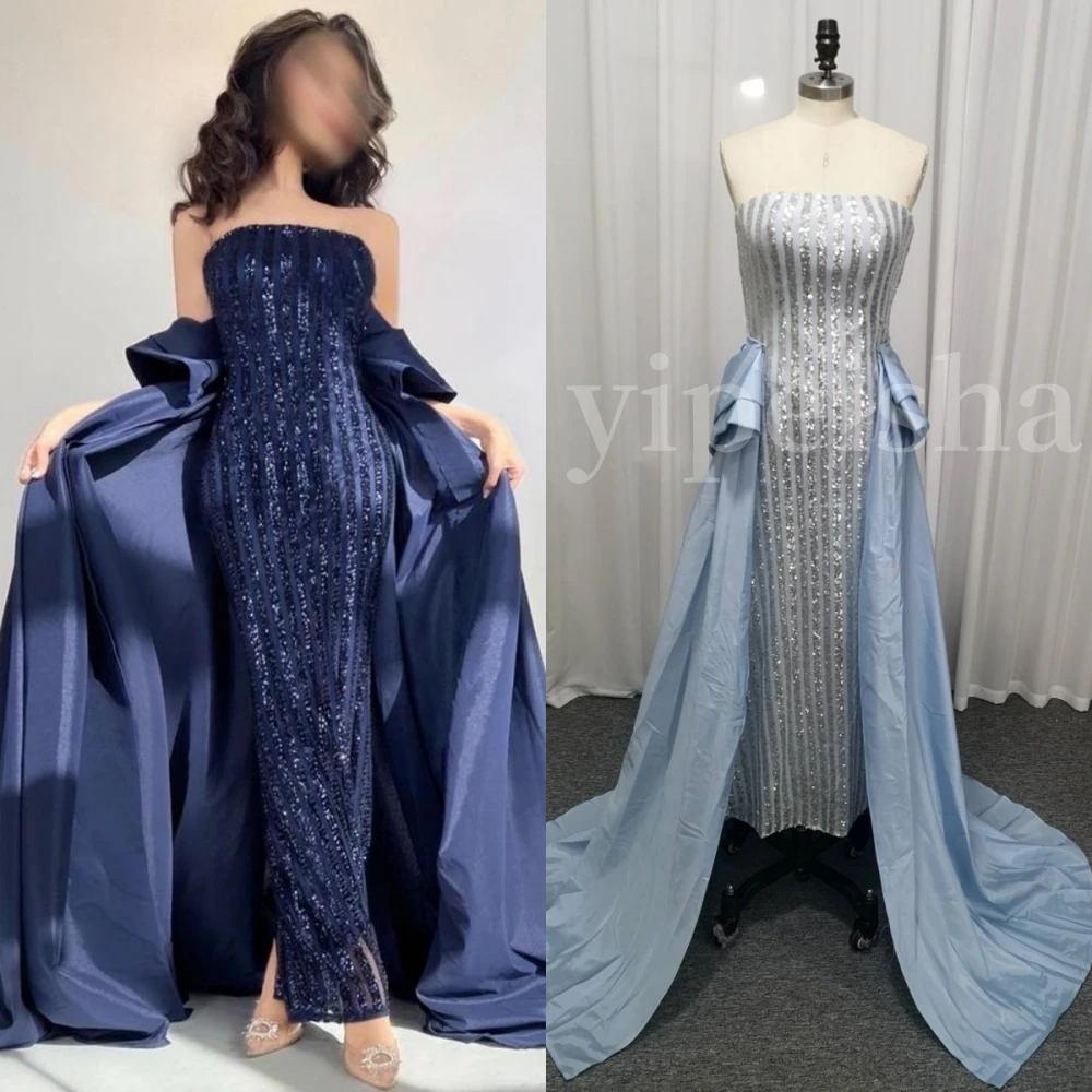 

Prom Dresses Fashion Strapless Sheath Party Dress Floor Length Court Stole Sequin Off the Shoulder Satin Formal Evening Gowns