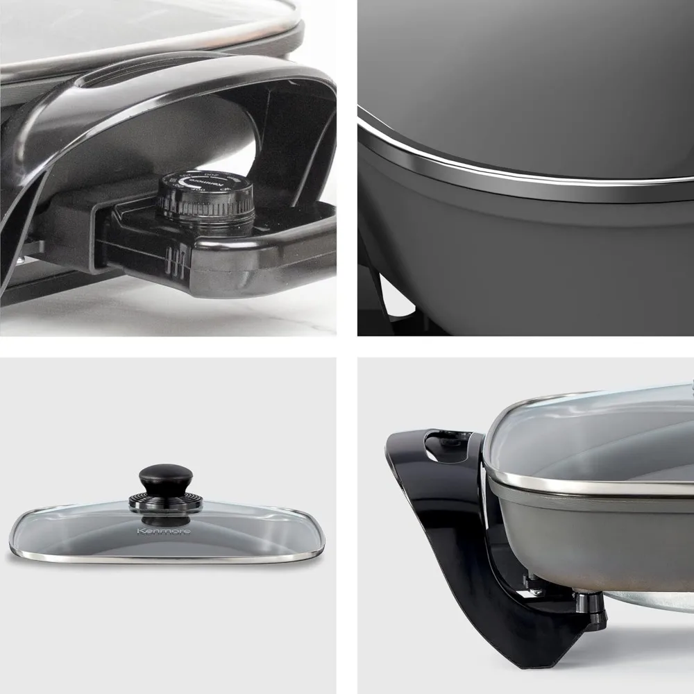 Non-Stick Electric Skillet with Tempered Glass Lid,Black and Grey,Deep-Dish Frying Pan,12"x12" Cooking Surface,One-Pot Cooking 5