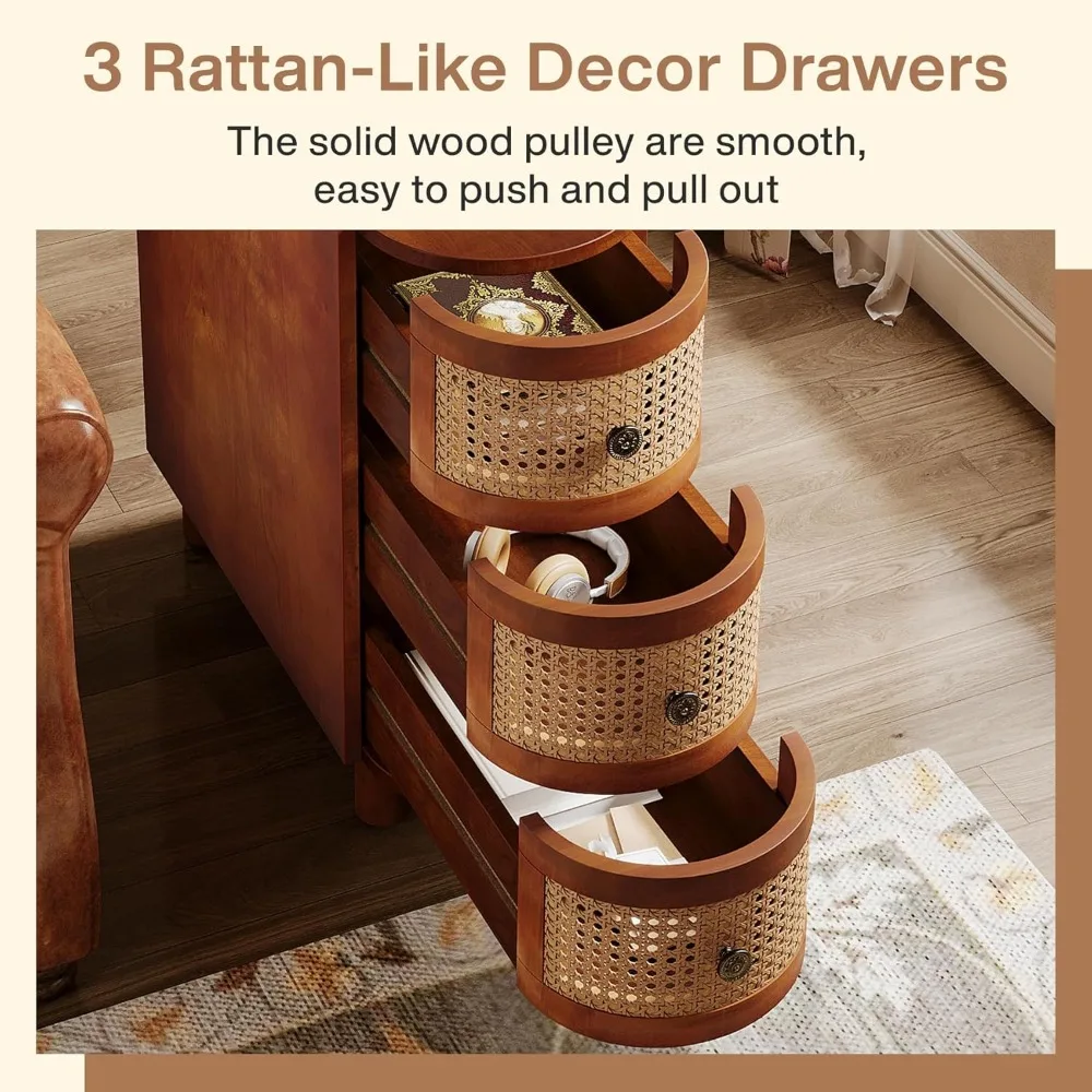 3-Drawer Rattan End Table, Solid Wood Sofa Side Table with Vintage Embossed Handles, Nightstand 3