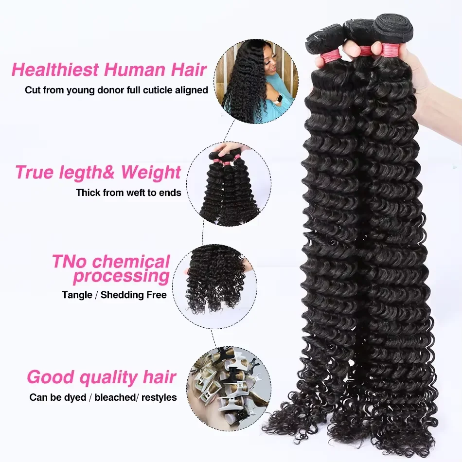 PD 30 32 36 40 Inch Deep Wave Human Hair Bundles Brazilian Remy Unprocessed Weaving Curly Hair Bundles Weave Extensions Deals 5