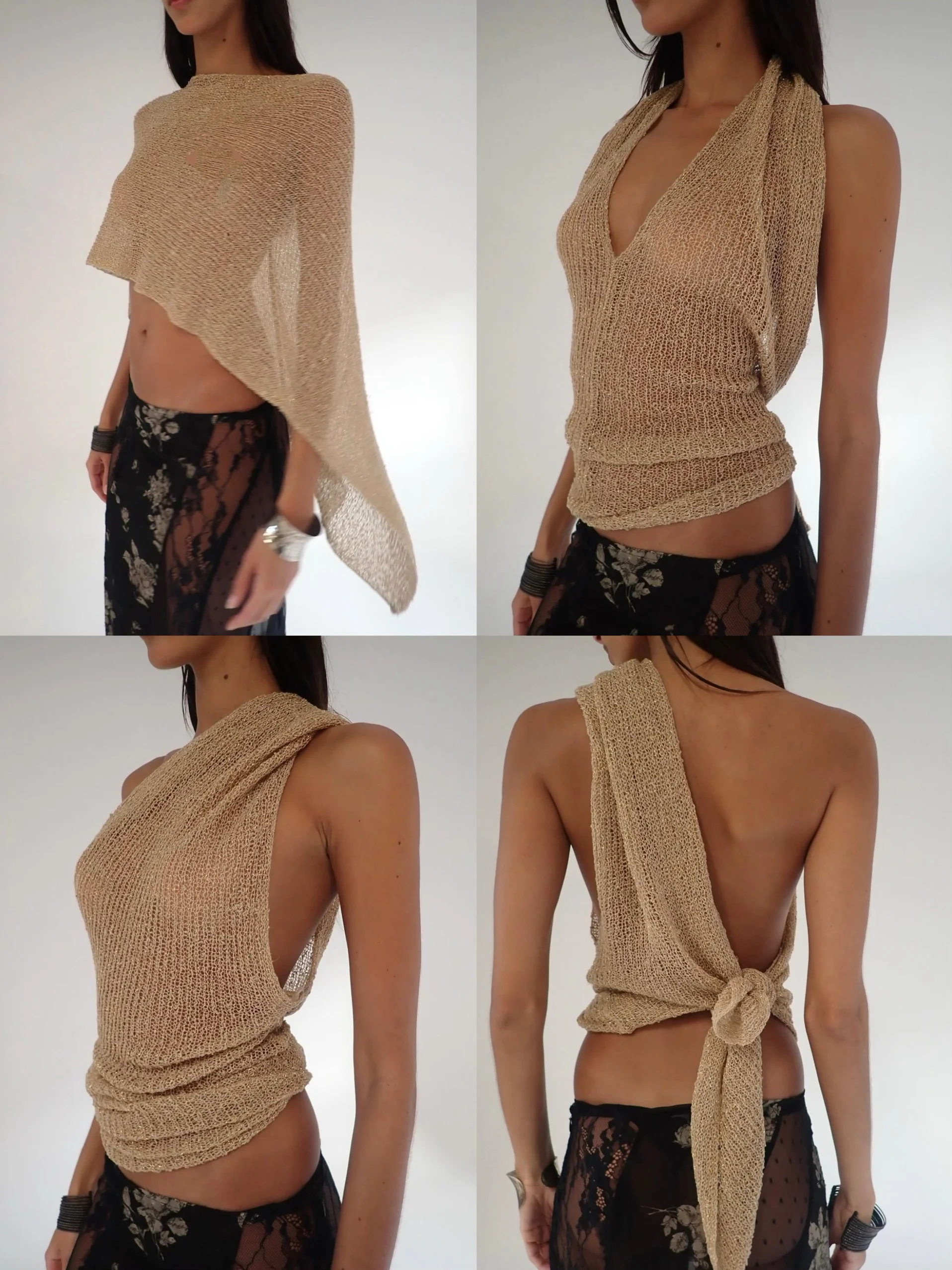 Golden knitted hollow blouse top, hanging neck shawl, multi-wear French holiday style suspenders 1