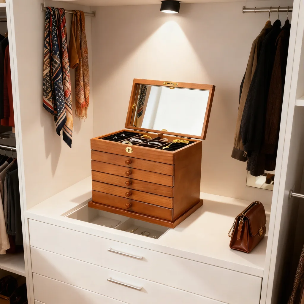 Tiroirs et compartiments intérieurs de la boîte à bijoux en bois