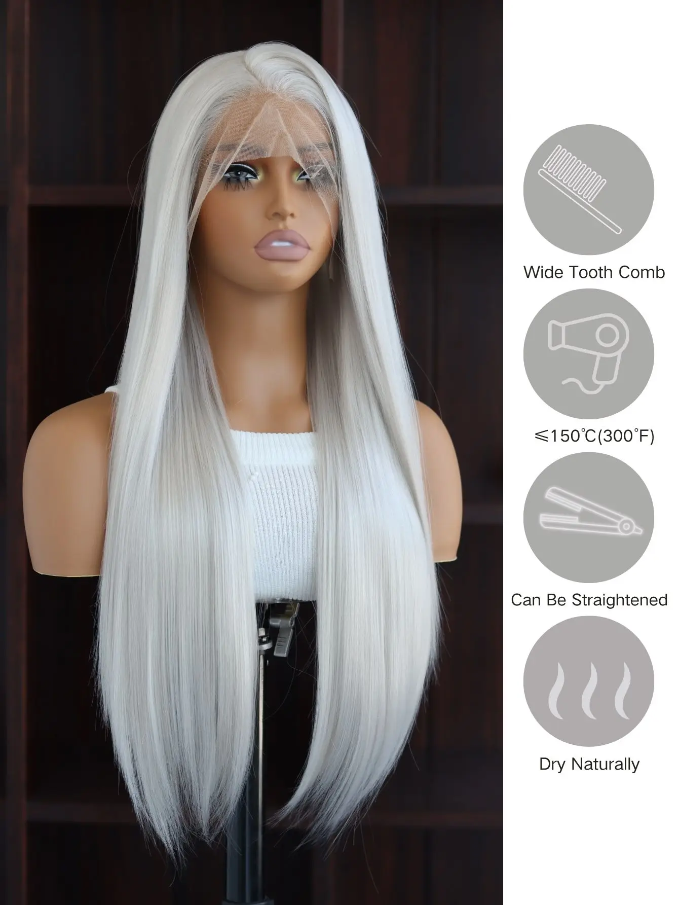 Silver Gray 13x4 Lace Front Synthetic Wigs | 24" Long Silky Straight Hair | Pre-Plucked Hairline | Heat Resistant | Daily/Party