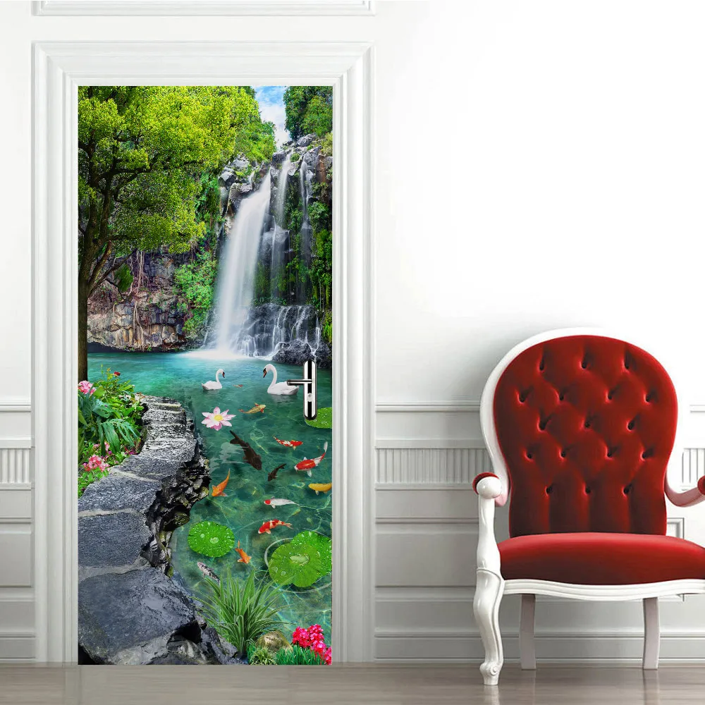 Adesivo Murale 3D Per Porta – Poster Foresta Con Alberi E Prato, 88x200 Cm | Autoadesivo Impermeabile Rimovibile