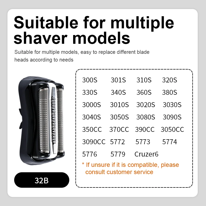브라운 3 시리즈 32B 메쉬 블레이드 300S 301S 310S 320S 330S 340S 360S 380S 3000S와 호환되는 교체용 전기 면도기 헤드